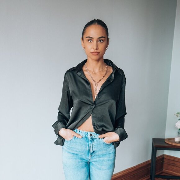 New Black Silky Button Down Blouse - Picture 6 of 6